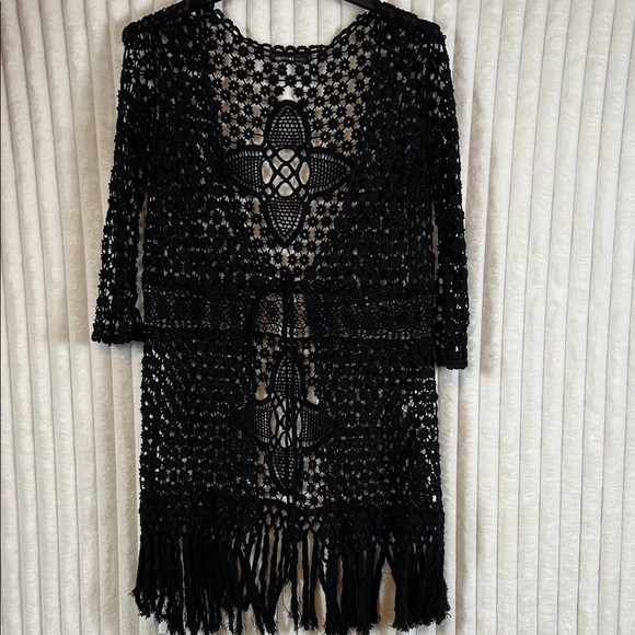 Origami by Vivian, crochet fringe hem long sleeve BoHo cardigan duster M - Picture 1 of 11